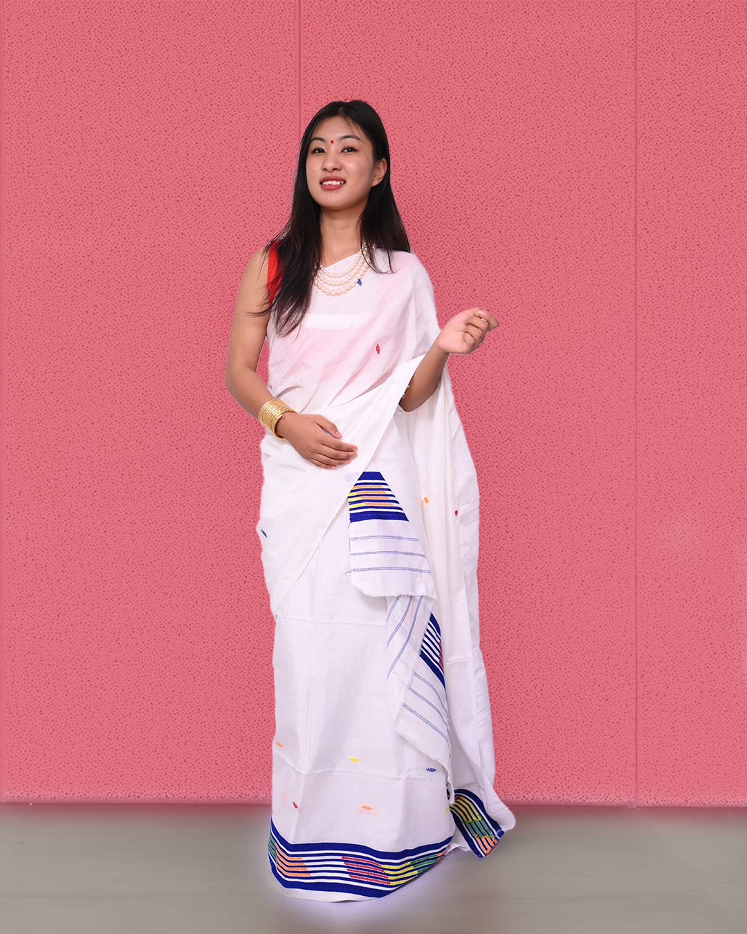 Handcrafted Ivory White Dhulai Pat Mising Mekhela Sador – Ready-to-Wear Edition withUnstitched Blouse Piece
