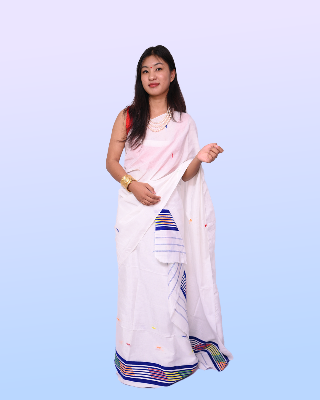 Handcrafted Ivory White Dhulai Pat Mising Mekhela Sador – Ready-to-Wear Edition withUnstitched Blouse Piece