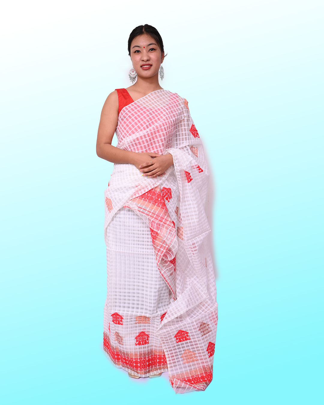 Handcrafted Off-White Checkered Pattern Kesapat Cotton Mekhela Sador with Unstitched Blouse Piece