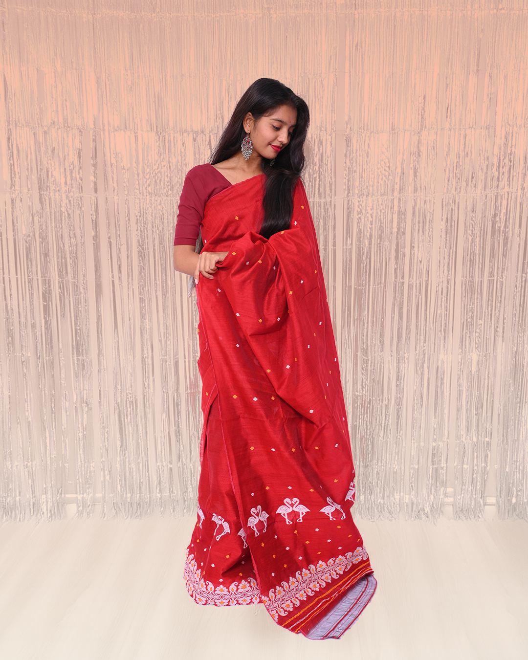 Handcrafted Dark Red Staple Cotton Mekhela Sador with Unstitched Blouse Piece