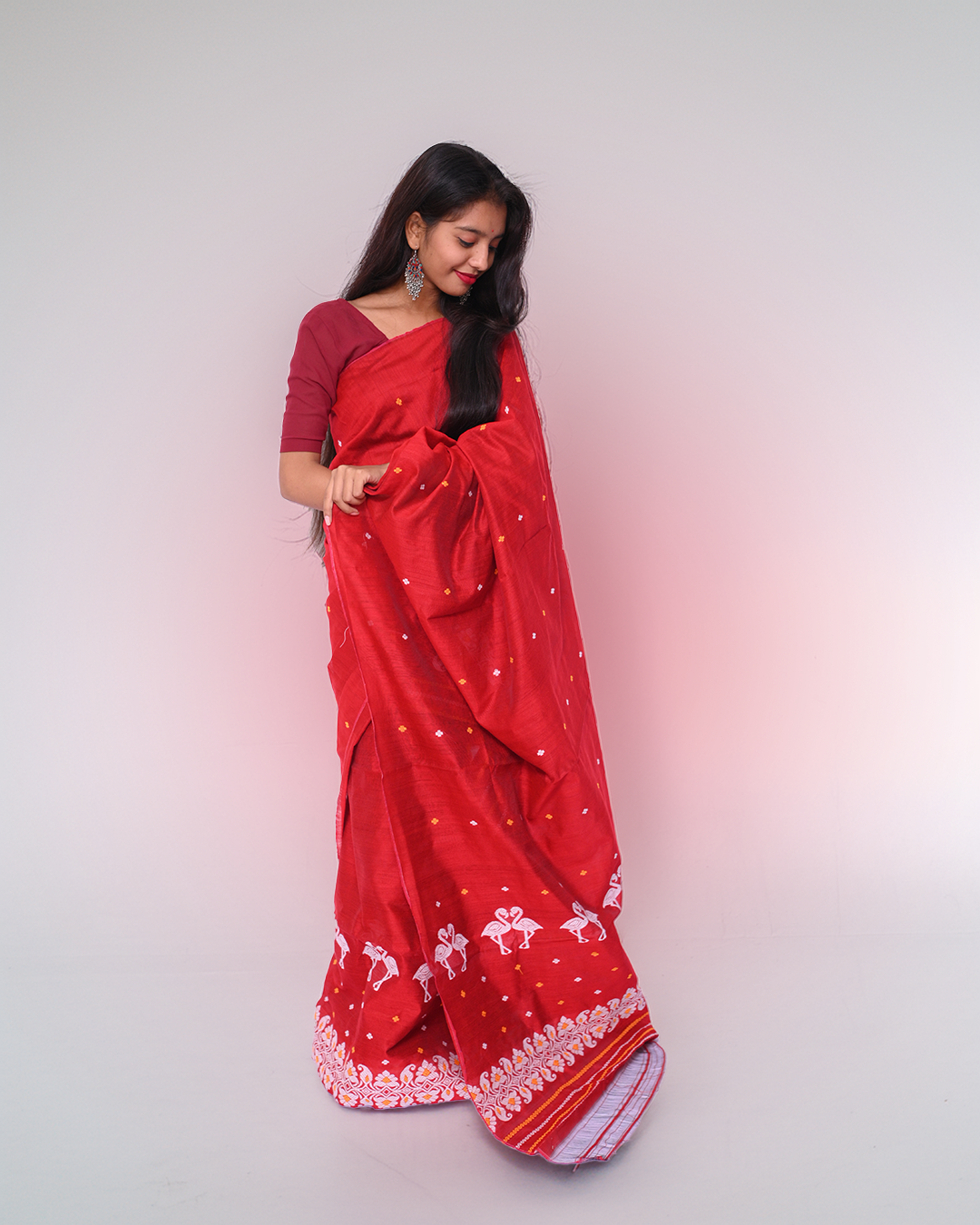 Handcrafted Dark Red Staple Cotton Mekhela Sador with Unstitched Blouse Piece