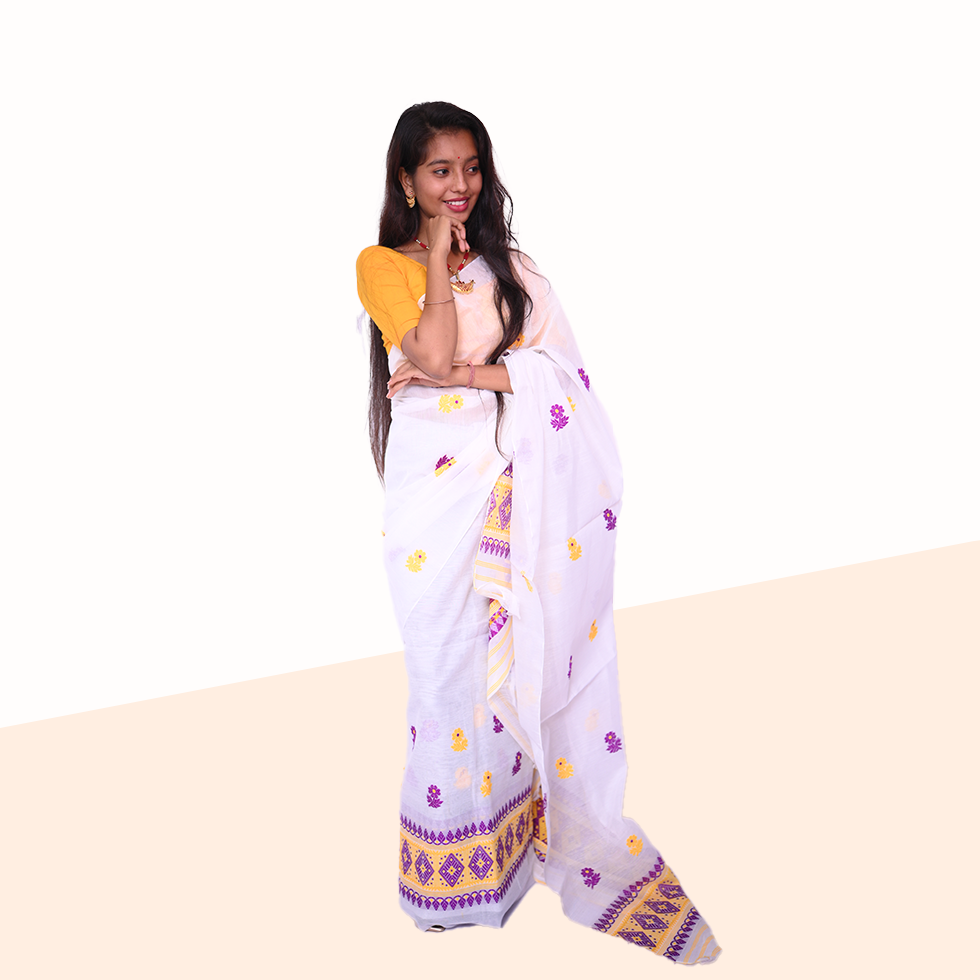Ready to Wear – Elegant White & Violet Wash Cotton Mekhela Sador with Unstitched Blouse Piece