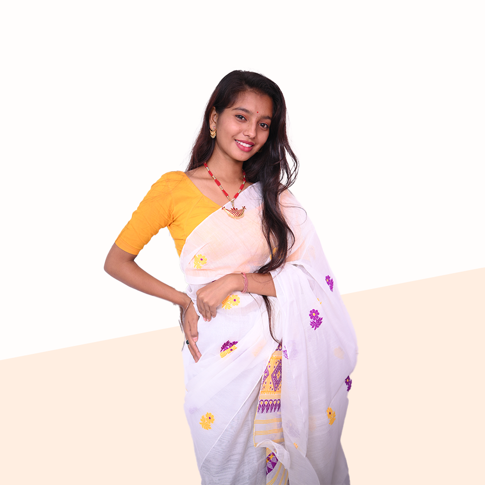 Ready to Wear – Elegant White & Violet Wash Cotton Mekhela Sador with Unstitched Blouse Piece