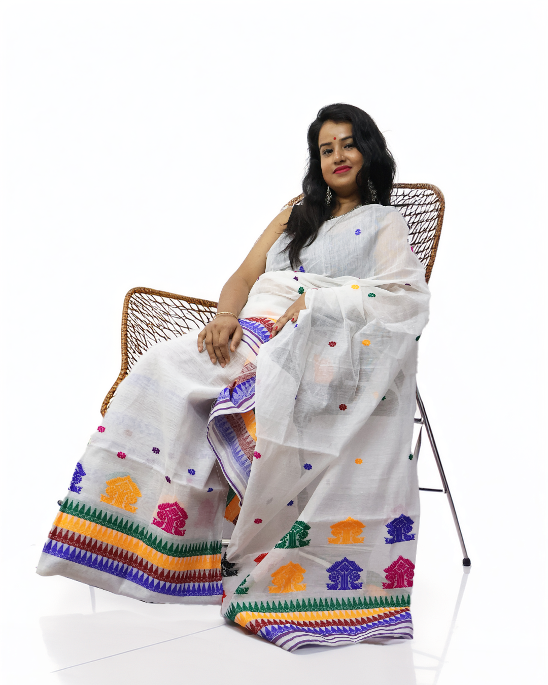 White Wash Cotton Mekhela Sador – Multicolor Motif Handcrafted Ready-to-Wear Edition with Unstitched Blouse Piece