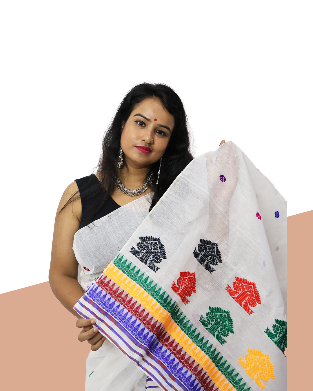 White Wash Cotton Mekhela Sador – Multicolor Motif Handcrafted Ready-to-Wear Edition with Unstitched Blouse Piece