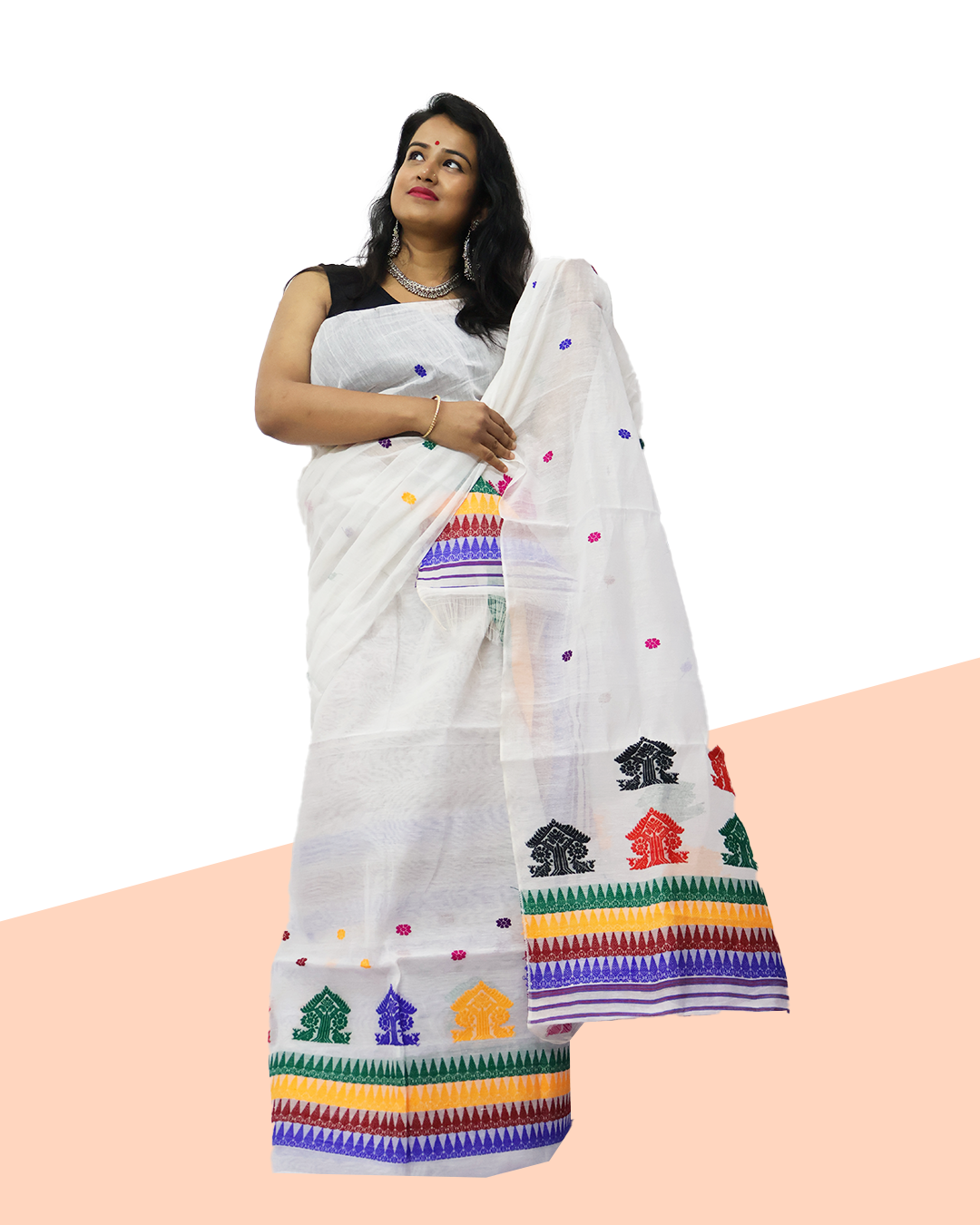 White Wash Cotton Mekhela Sador – Multicolor Motif Handcrafted Ready-to-Wear Edition with Unstitched Blouse Piece