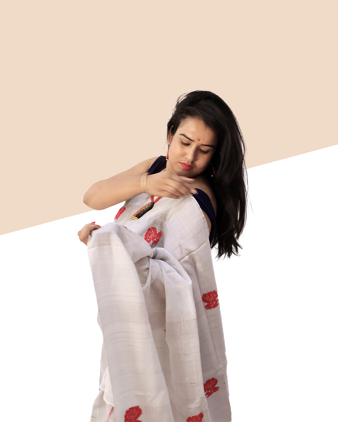 Handwoven Off-White Keshapat Cotton Mekhela Sador (Ready to Wear) with Red Floral Motifs + Unstitched Blouse Piece