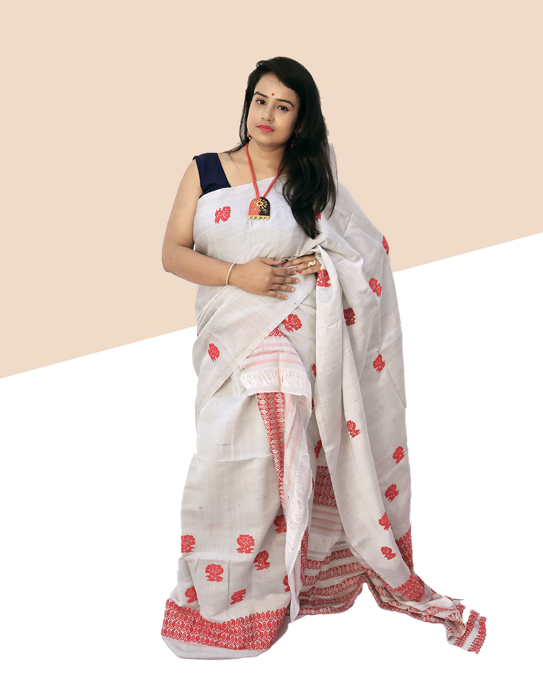 Handwoven Off-White Keshapat Cotton Mekhela Sador (Ready to Wear) with Red Floral Motifs + Unstitched Blouse Piece