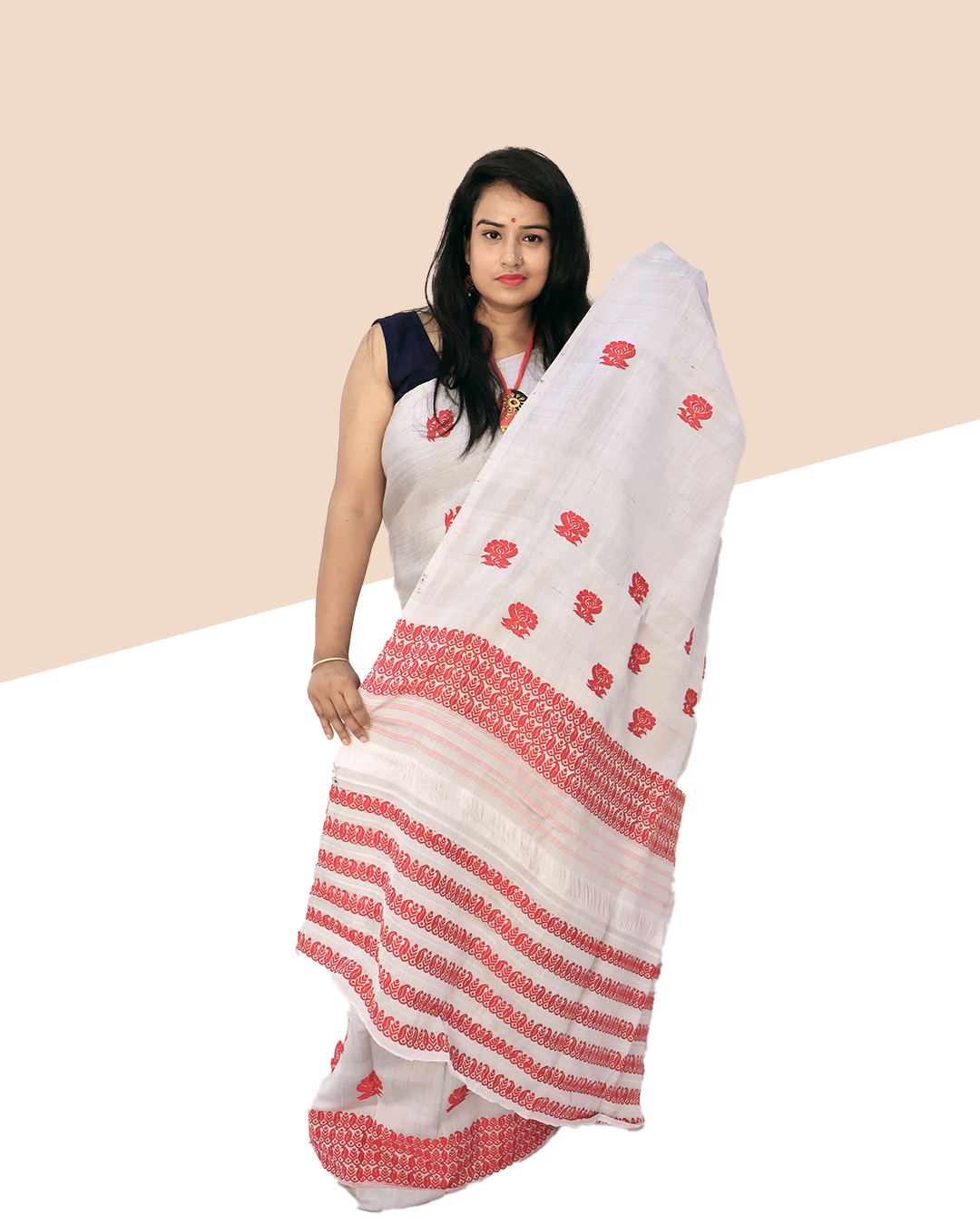 Handwoven Off-White Keshapat Cotton Mekhela Sador (Ready to Wear) with Red Floral Motifs + Unstitched Blouse Piece