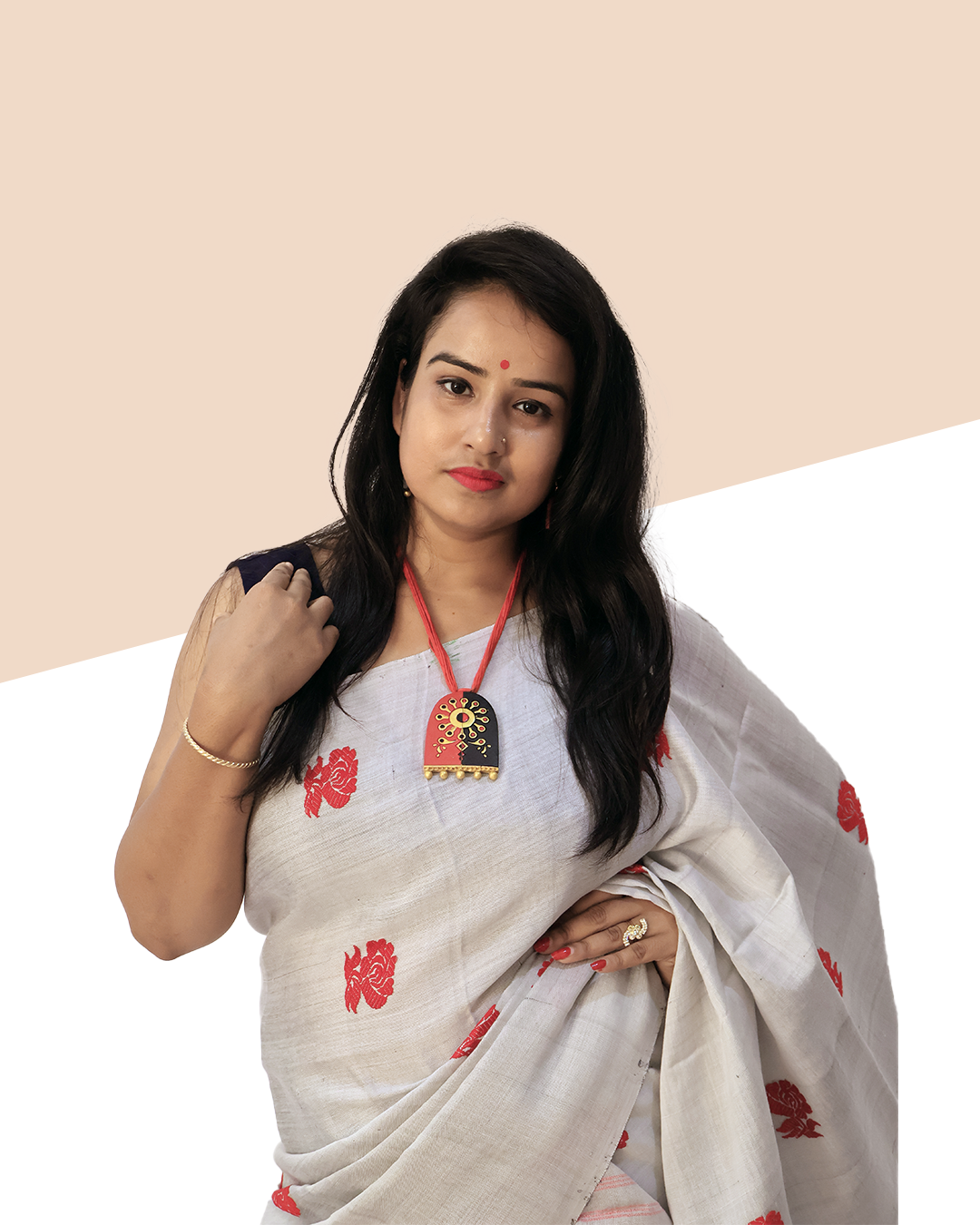 Handwoven Off-White Keshapat Cotton Mekhela Sador (Ready to Wear) with Red Floral Motifs + Unstitched Blouse Piece