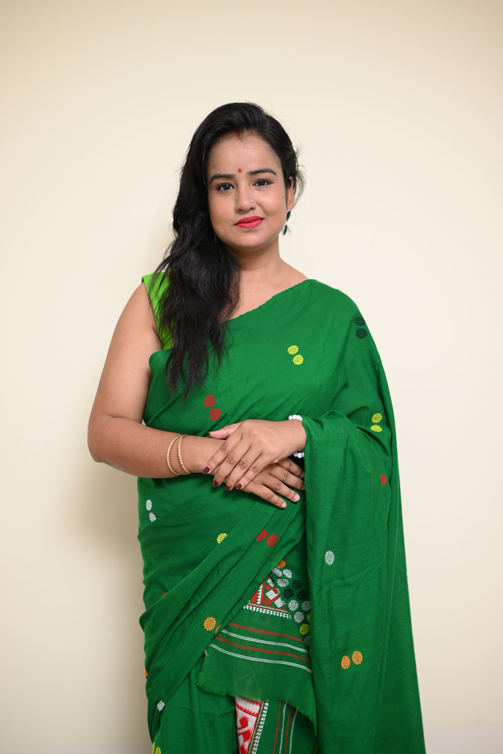 Handcrafted Green Padmini Cotton Mekhela Sador with Missing Jura Motifs &amp; Unstitched Blouse