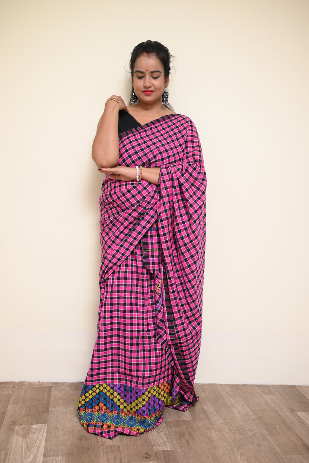 Ready to Wear – Handcrafted Black  Pink Padmini Cotton Mekhela Sador with Multicolor Border  Unstitched Blouse