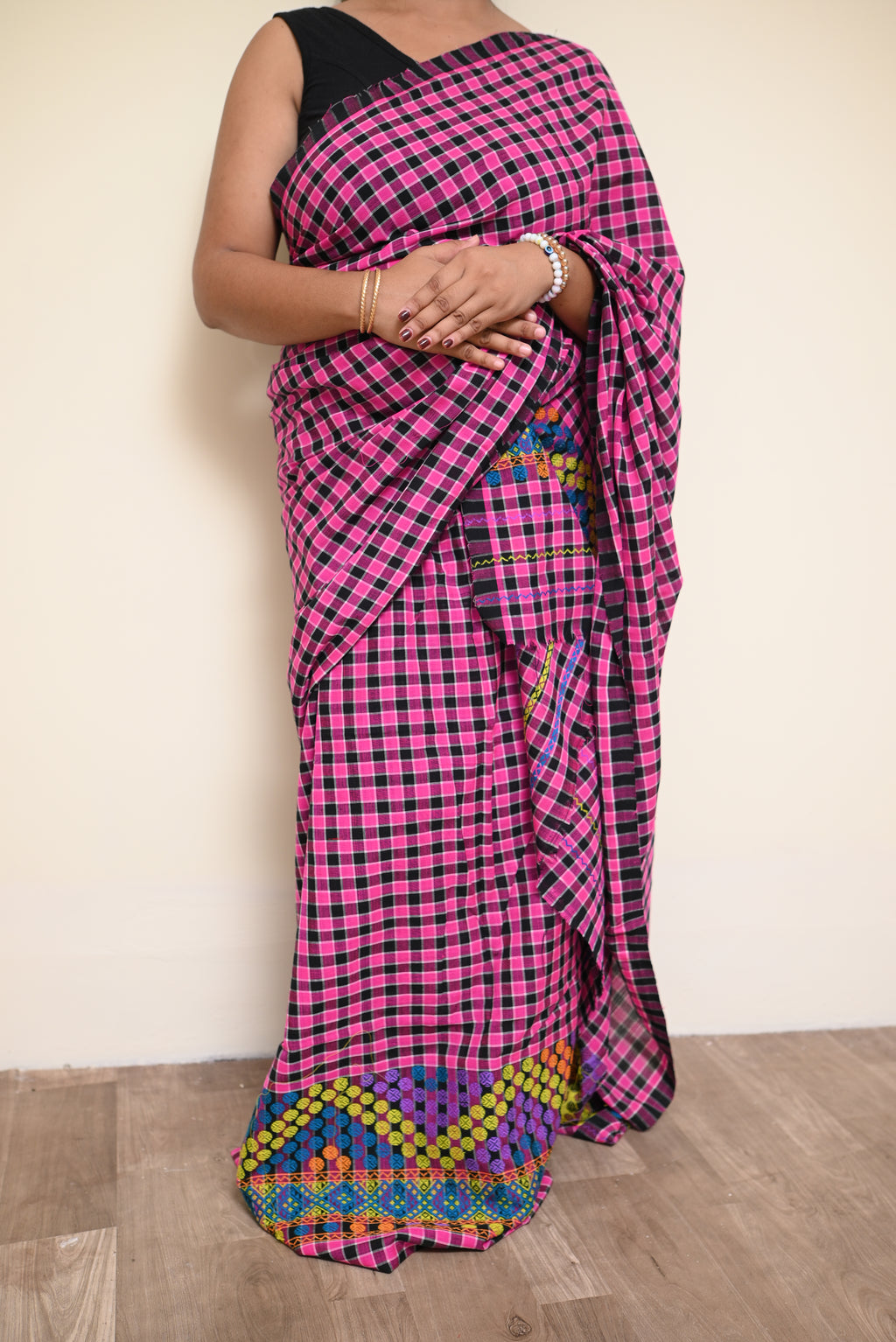Ready to Wear – Handcrafted Black  Pink Padmini Cotton Mekhela Sador with Multicolor Border  Unstitched Blouse