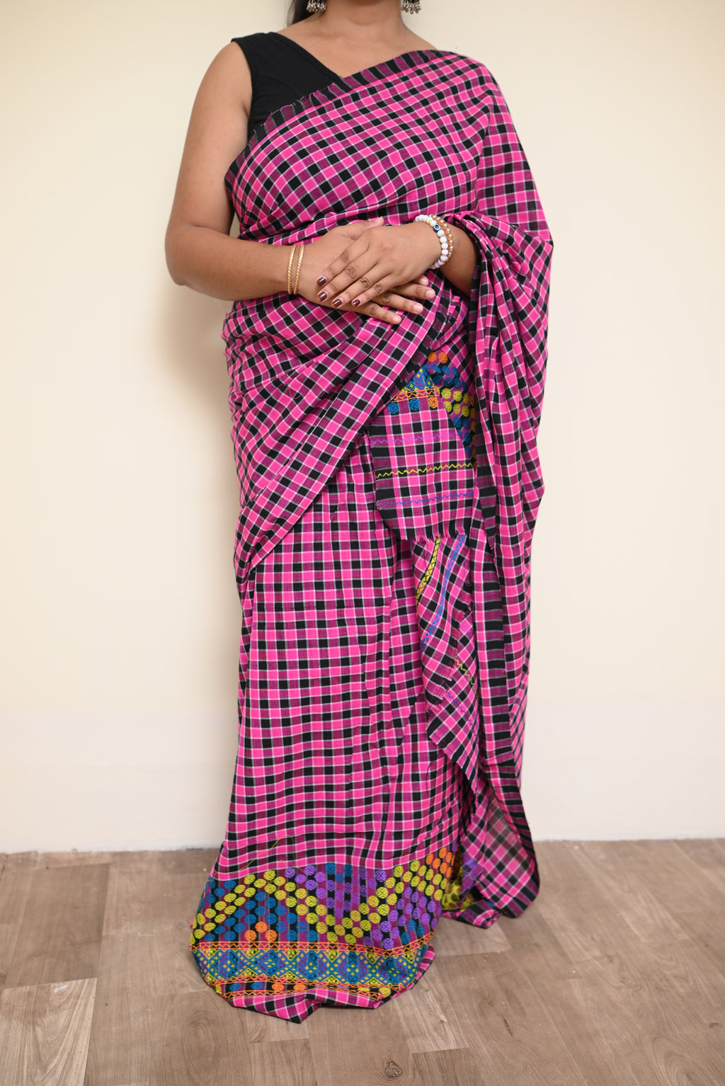 Ready to Wear – Handcrafted Black  Pink Padmini Cotton Mekhela Sador with Multicolor Border  Unstitched Blouse