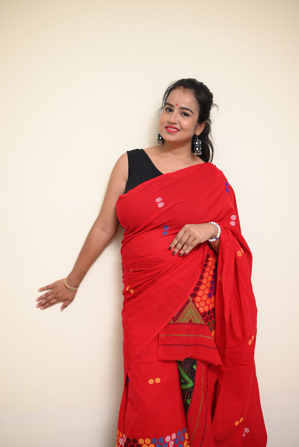 Ready to Wear – Handcrafted Red Padmini Cotton Mekhela Sador with Missing Jura Motifs &amp; Unstitched Blouse