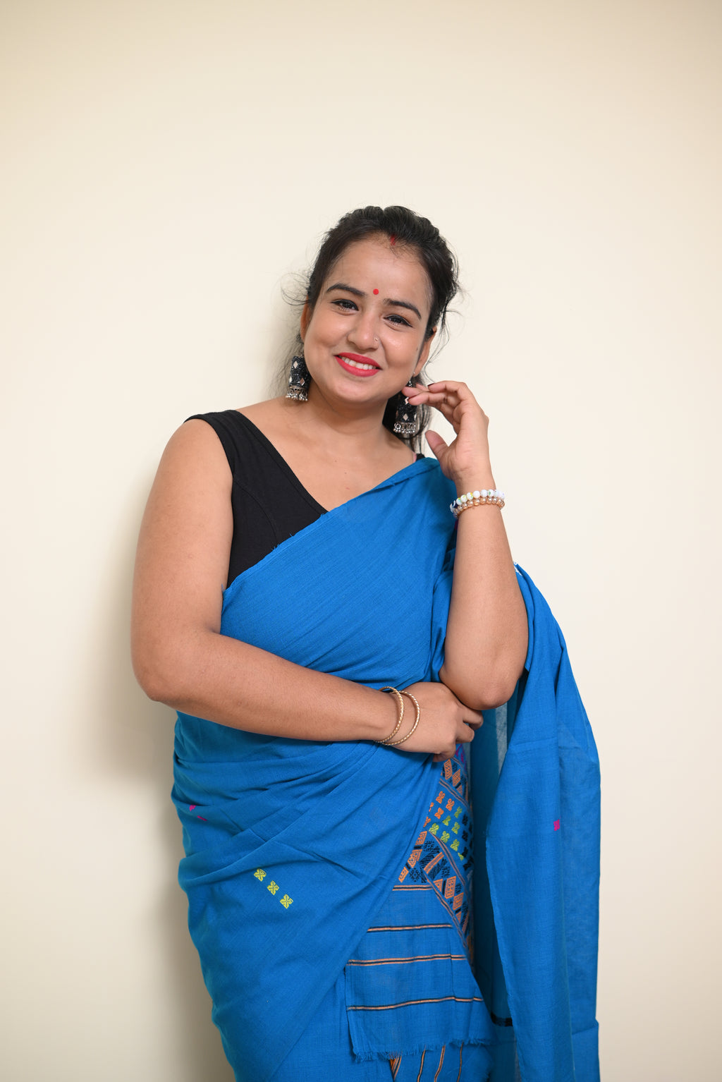 Ready to Wear – Handcrafted Blue Padmini Cotton Mekhela Sador with Missing Jura Motifs &amp; Unstitched Blouse