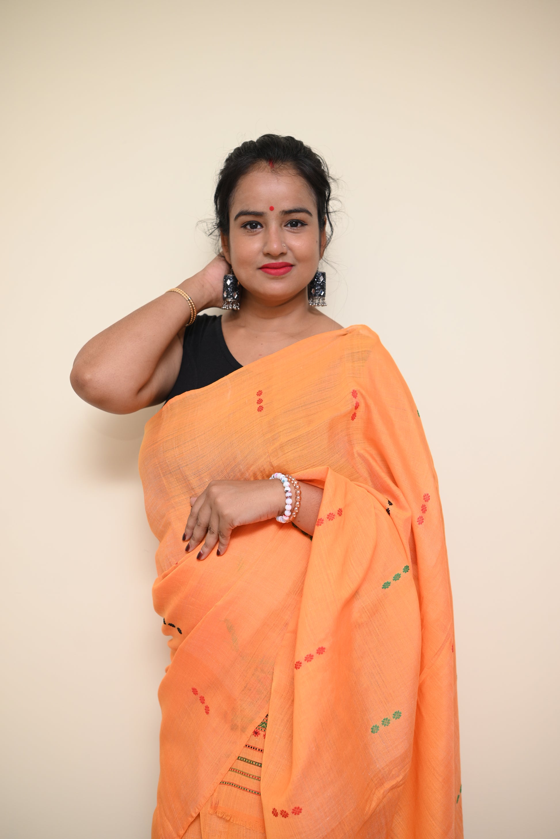 Orange Semi Nuni Mekhela Sador with Ethnic Motifs (Ready to Wear)