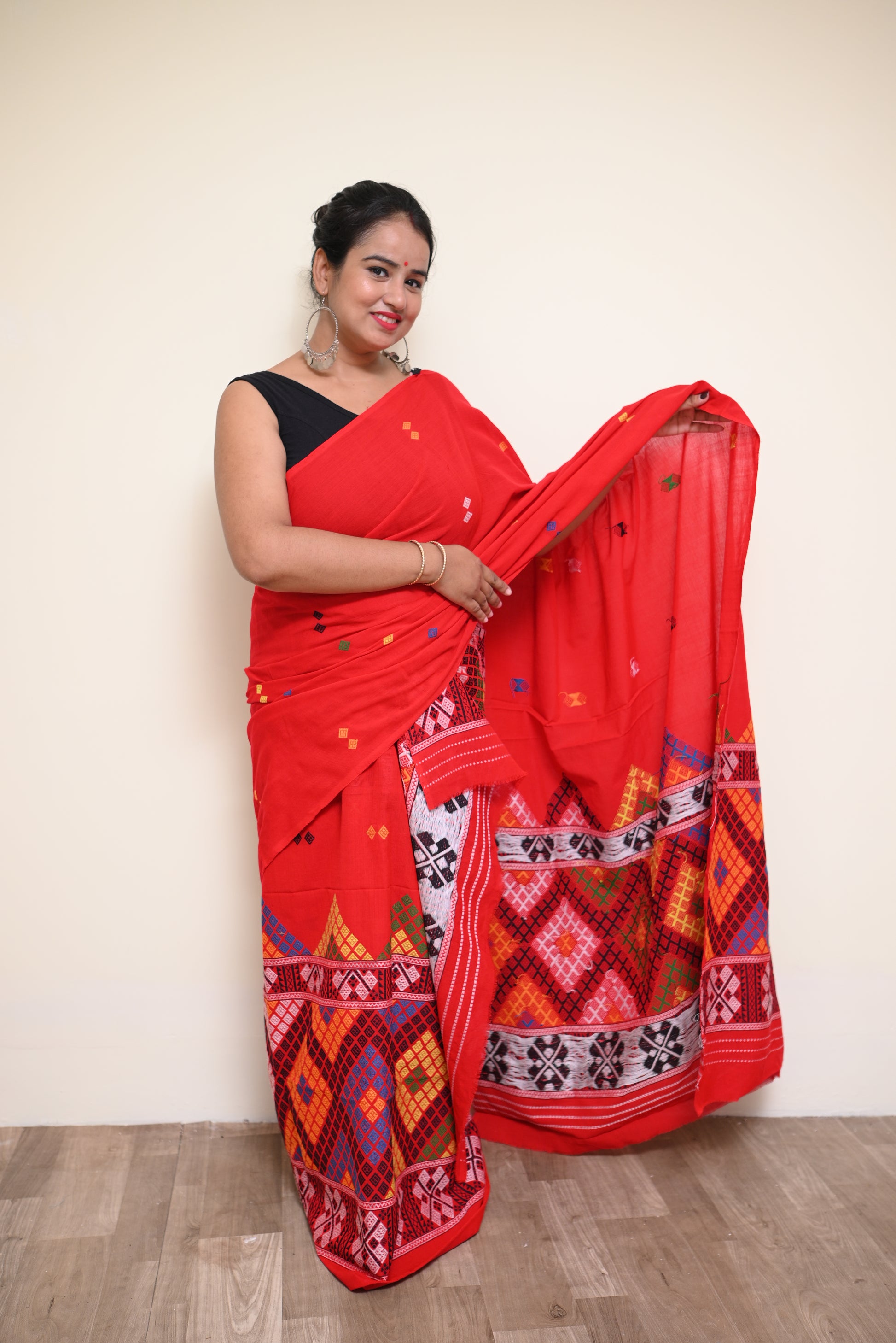 Ready to Wear – Handcrafted Red Padmini Cotton Mekhela Sador with Missing Jura Motifs &amp; Unstitched Blouse