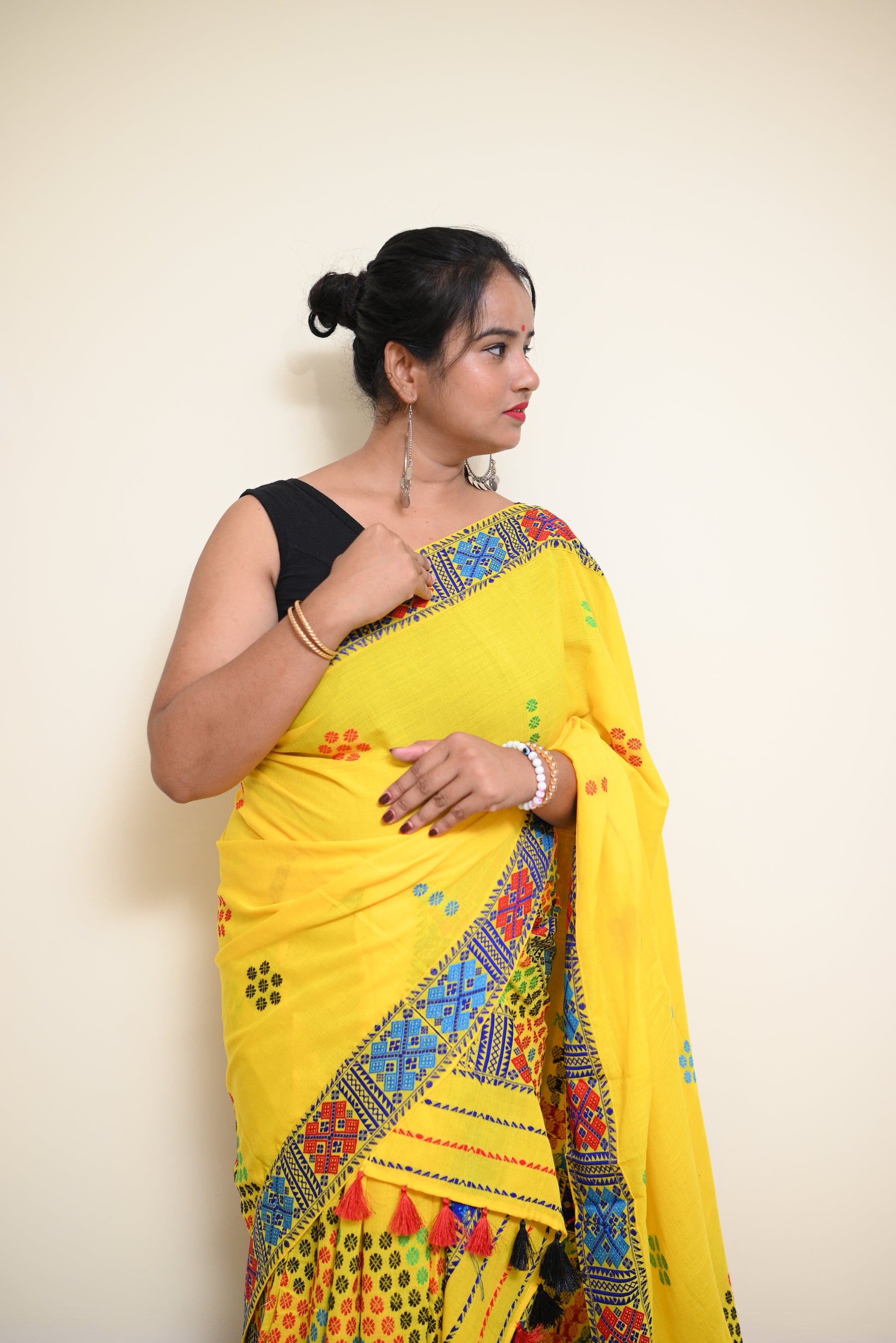 Padmini Yellow Missing Mekhela Sador – Ready to Wear with Unstitched Blouse