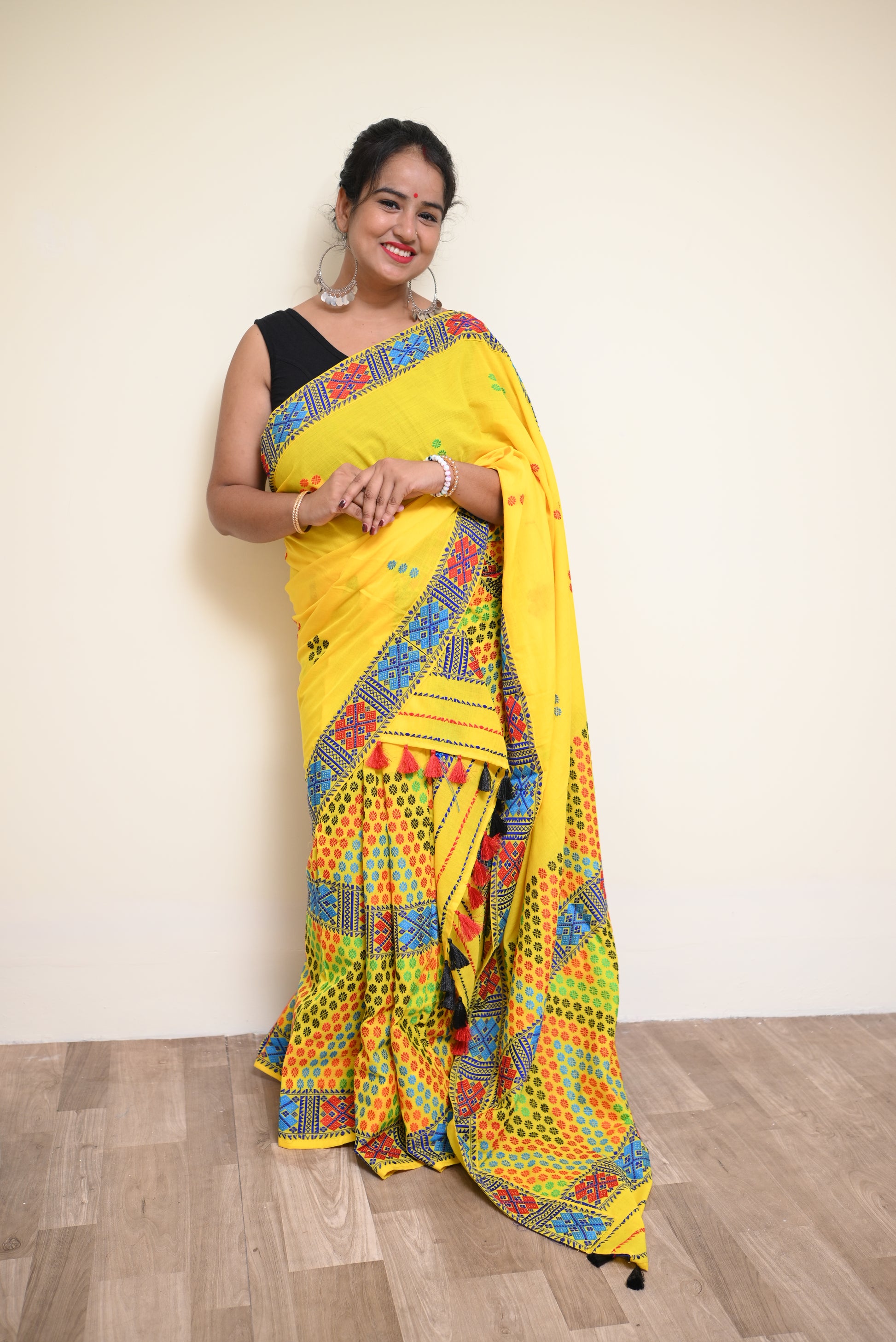Padmini Yellow Missing Mekhela Sador – Ready to Wear with Unstitched Blouse