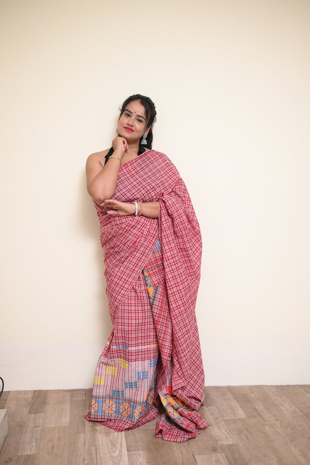 Padmini Pajok – Traditional Assamese Mekhela Sador in Red Checkered Design (Ready to Wear)