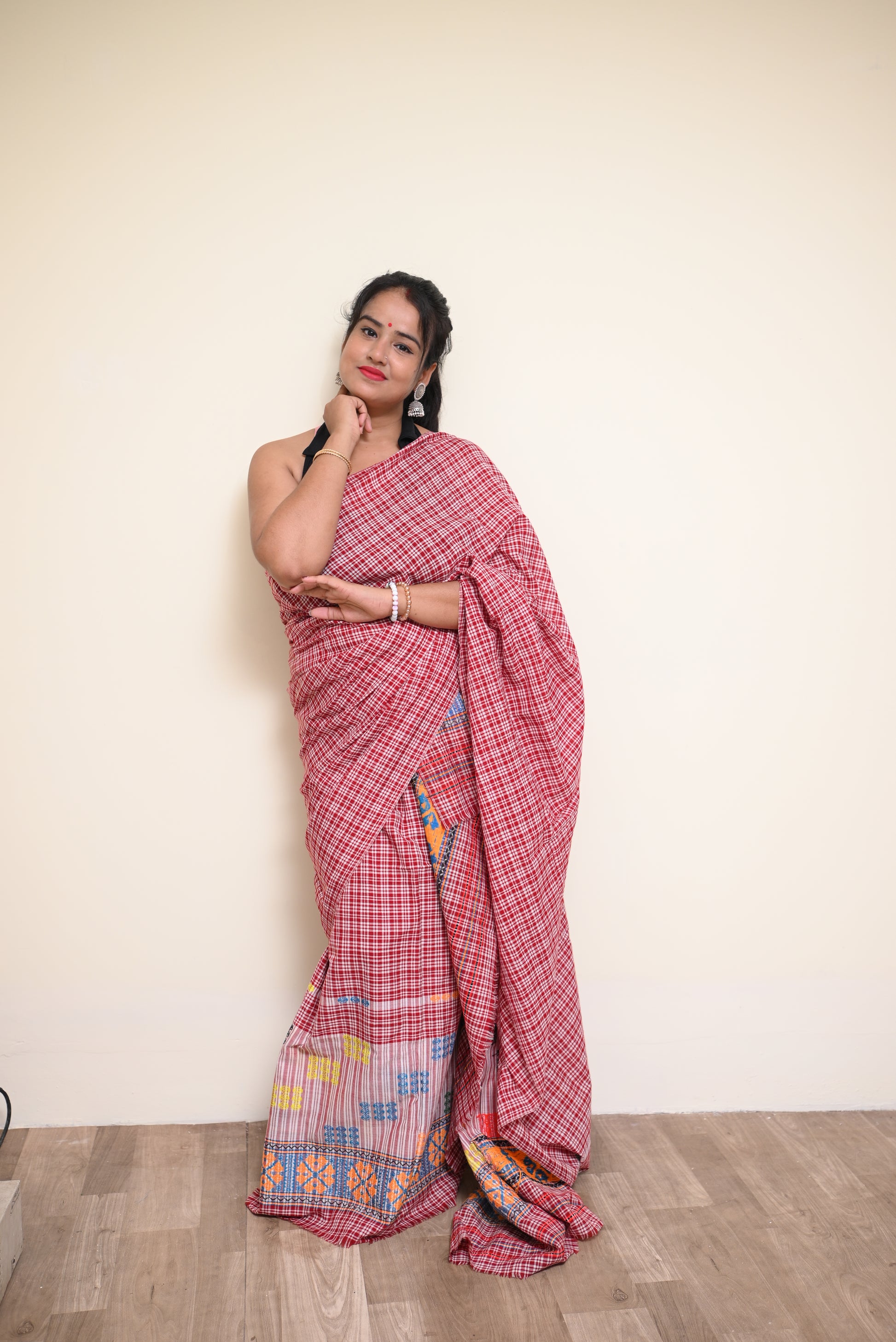Padmini Pajok – Traditional Assamese Mekhela Sador in Red Checkered Design (Ready to Wear)