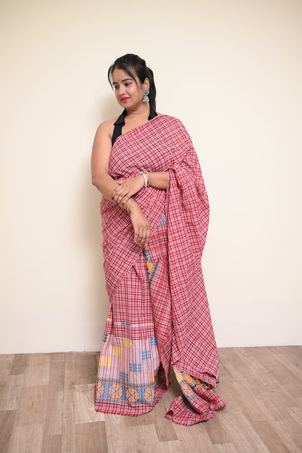 Padmini Pajok – Traditional Assamese Mekhela Sador in Red Checkered Design (Ready to Wear)