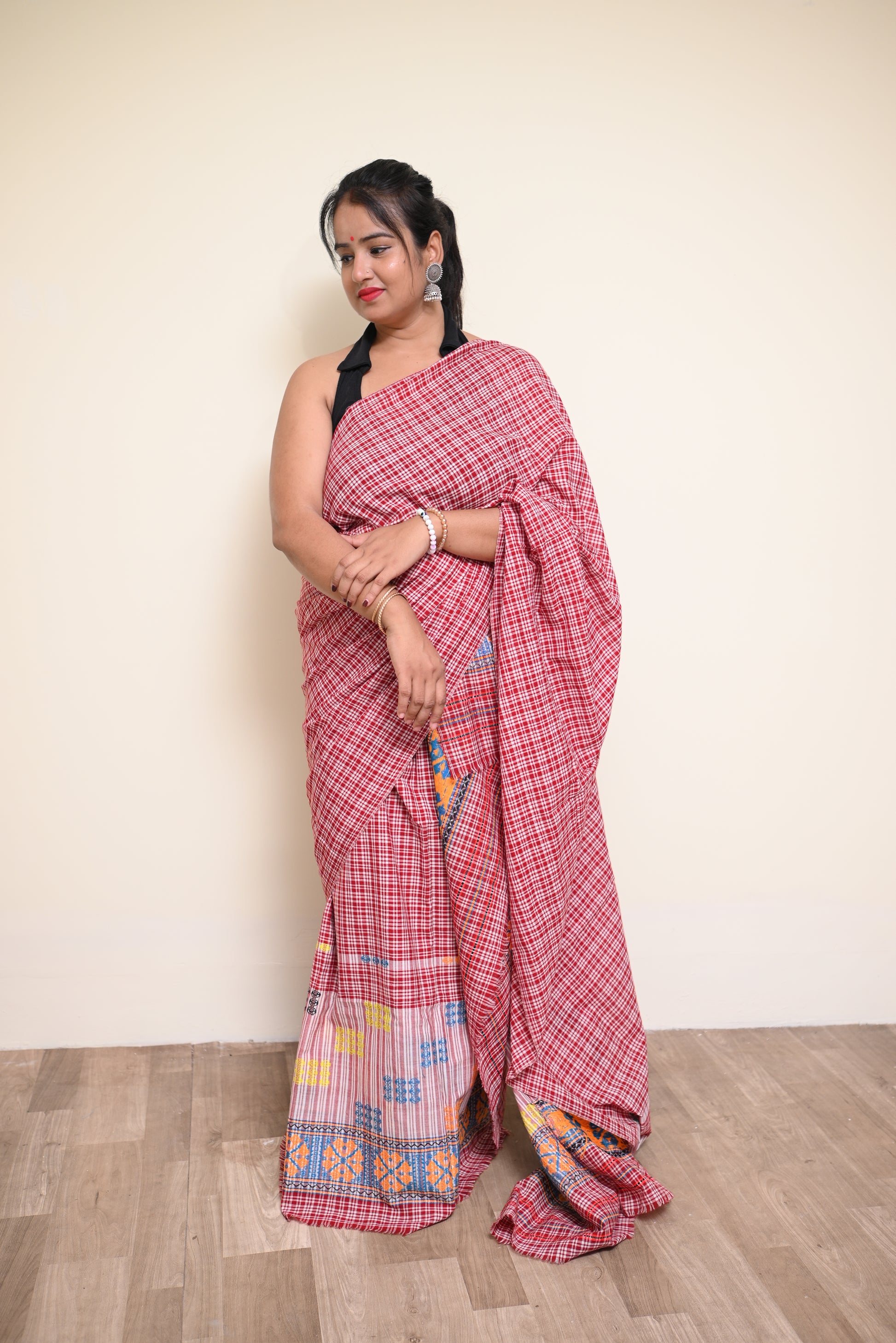 Padmini Pajok – Traditional Assamese Mekhela Sador in Red Checkered Design (Ready to Wear)