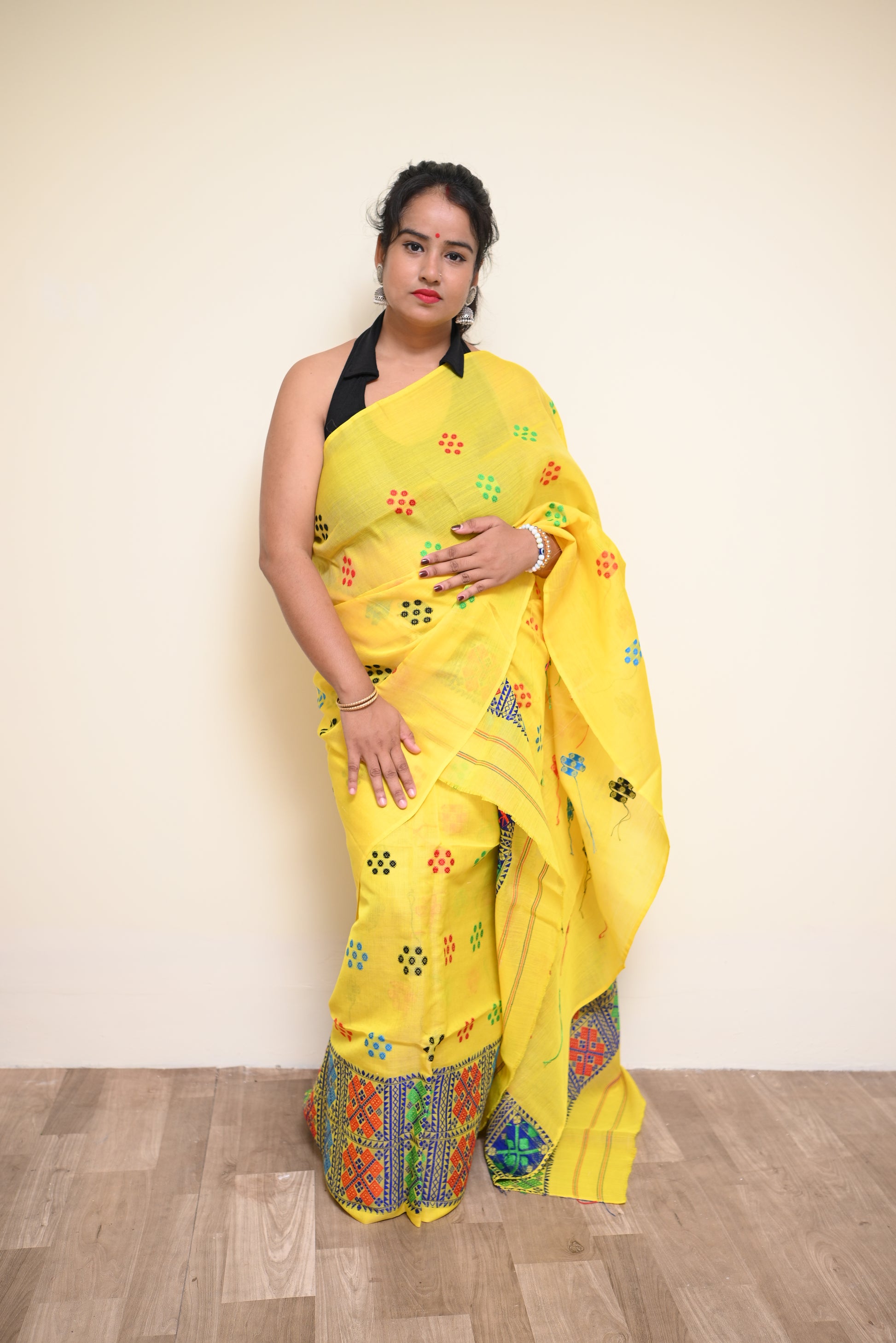 Ready to Wear – Vibrant Yellow Semi-Nuni Mekhela Sador with Multicolor Floral Buta &amp; Unstitched Blouse