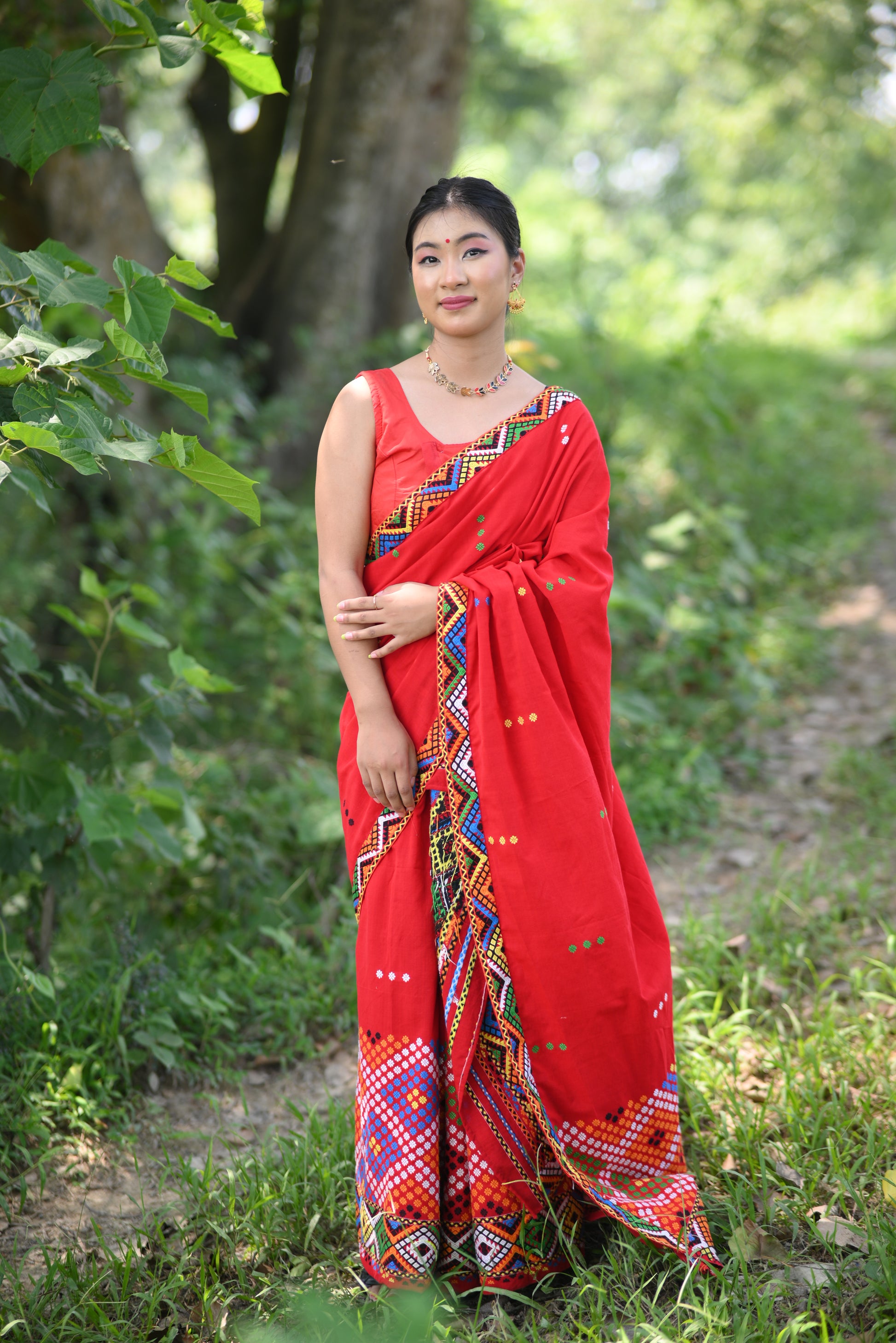 Handcrafted Crimson Red Padmini Cotton Mising Mekhela Sador with Unstitched Blouse Piece