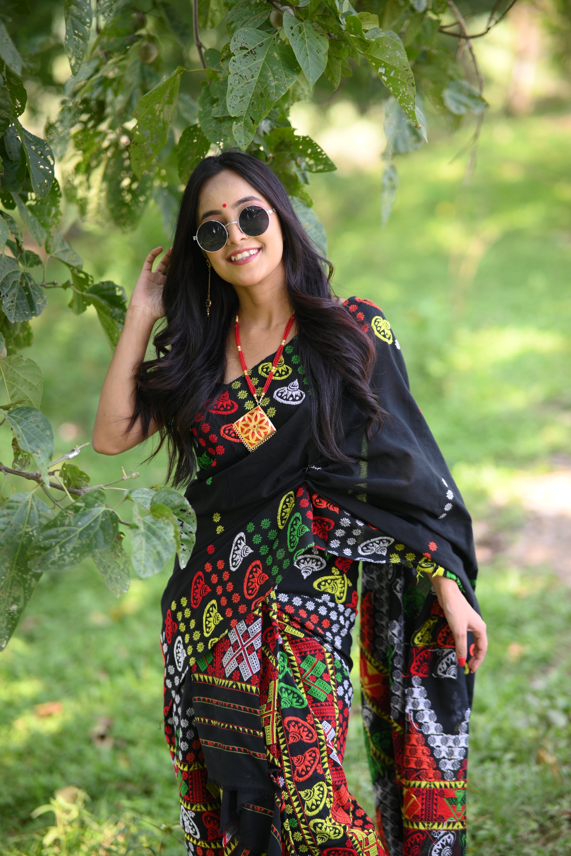 Handcrafted Onyx Black Padmini Cotton Mising Mekhela Sador with Unstitched Blouse Piece