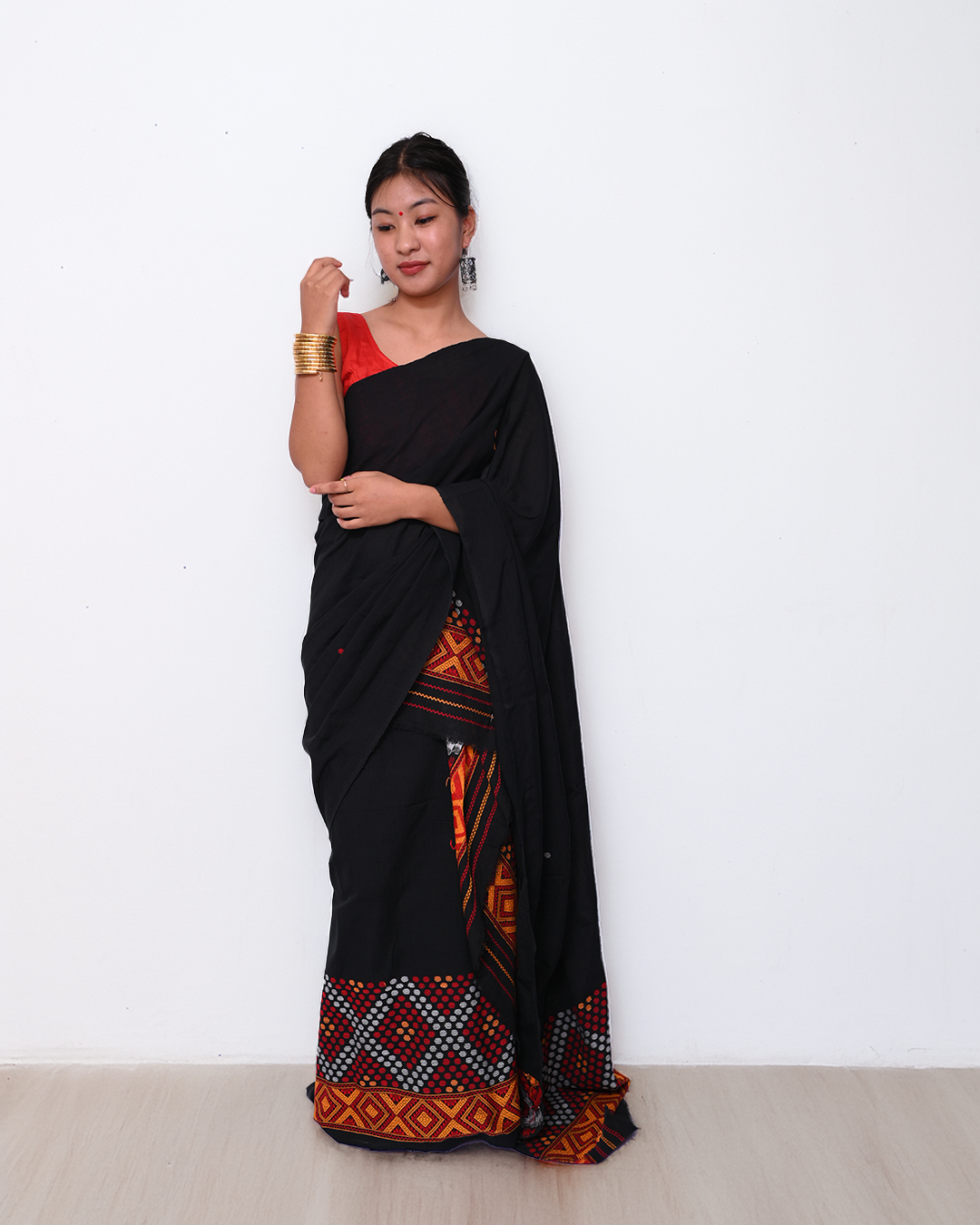 Handcrafted Black Padmini Cotton Mising Mekhela Sador with Unstitched Blouse Piece
