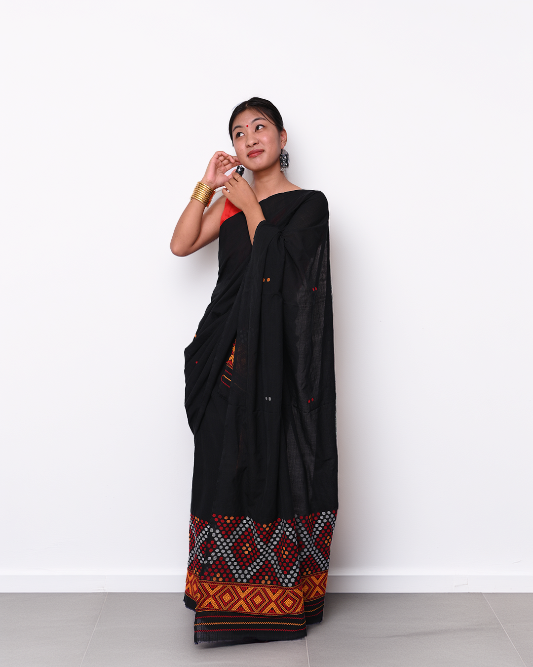 Handcrafted Black Padmini Cotton Mising Mekhela Sador with Unstitched Blouse Piece