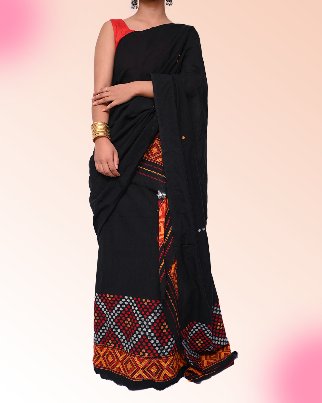 Handcrafted Black Padmini Cotton Mising Mekhela Sador with Unstitched Blouse Piece