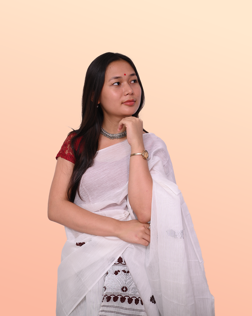 Handcrafted Off-White Nooni Cotton Mekhela Sador with Unstitched Blouse Piece