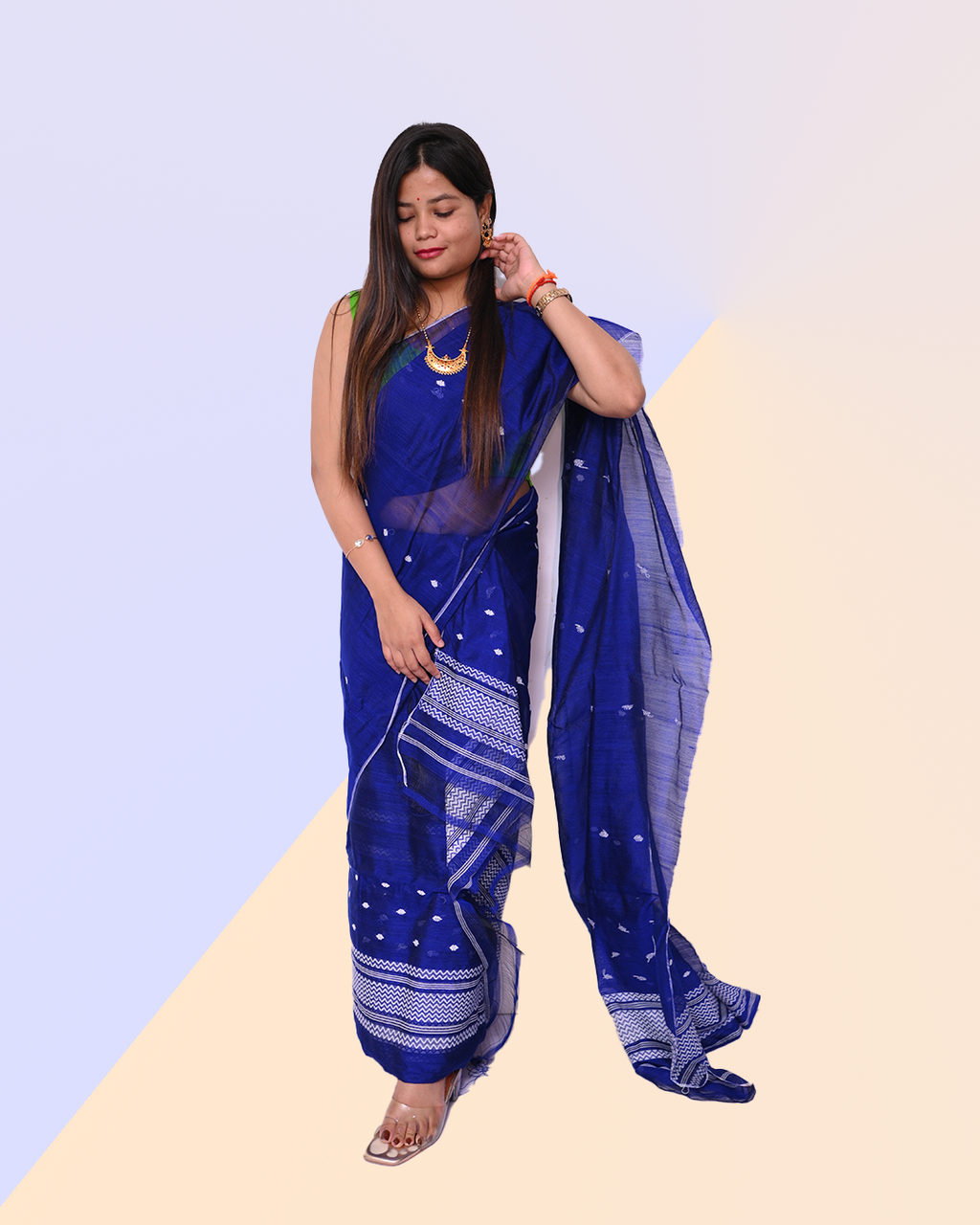 Handcrafted Royal Blue Staple Cotton Mekhela Sador with Unstitched Blouse Piece