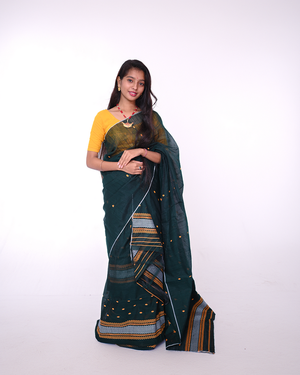 Handcrafted Dark Green Staple Cotton Mekhela Sador with Unstitched Blouse Piece