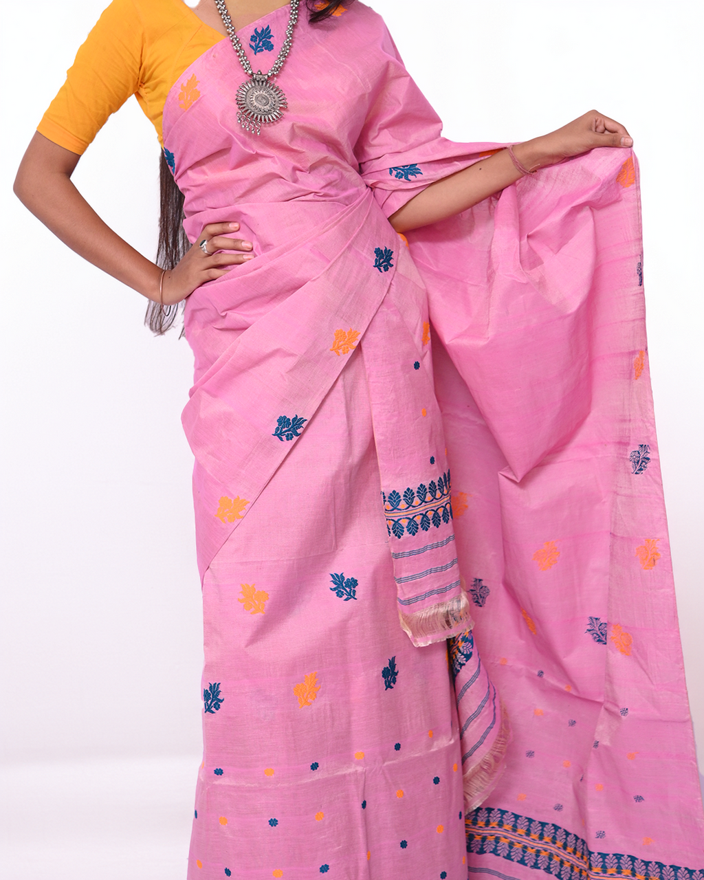 Handcrafted Light Pink Toss-Cotton Mekhela Sador with Unstitched Blouse Piec