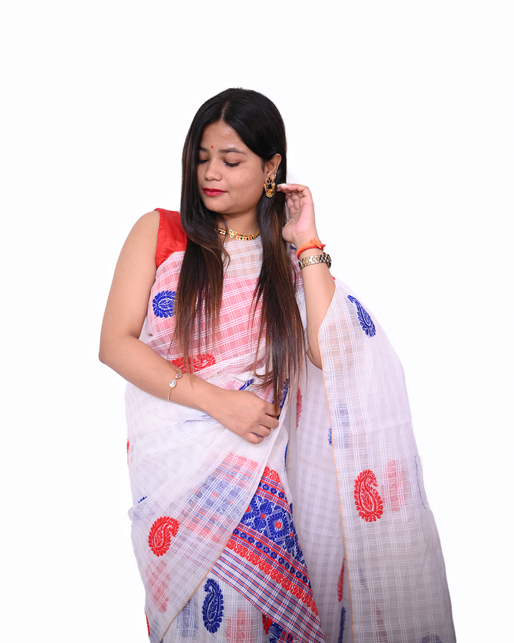 Handcrafted White Premium Kesapat Cotton Mekhela Sador with Unstitched Blouse Piece