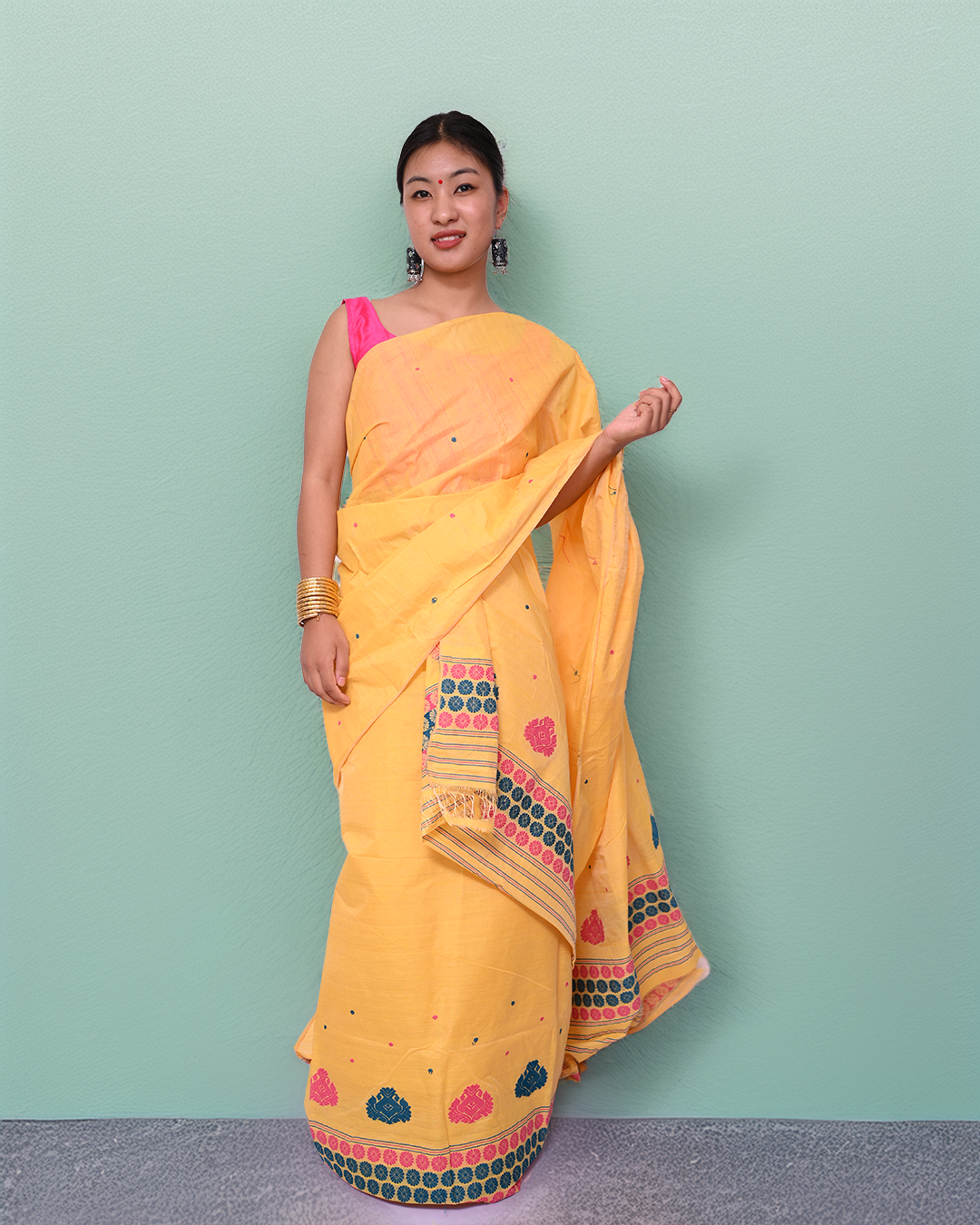 Handcrafted Bright Yellow Toss-Cotton Mekhela Sador with Unstitched Blouse Piece