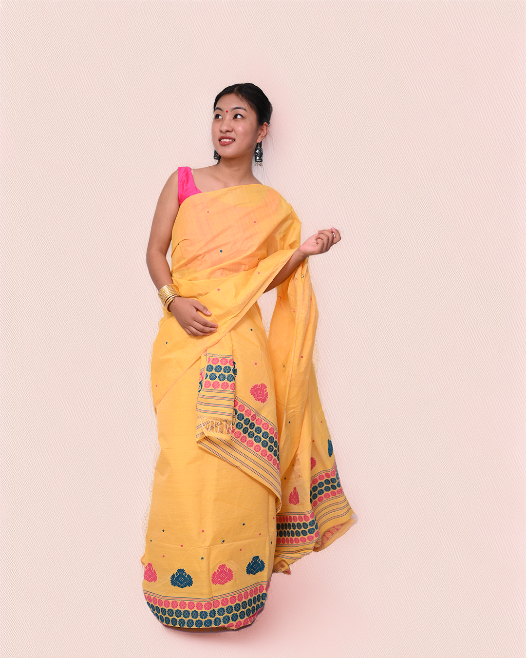 Handcrafted Bright Yellow Toss-Cotton Mekhela Sador with Unstitched Blouse Piece