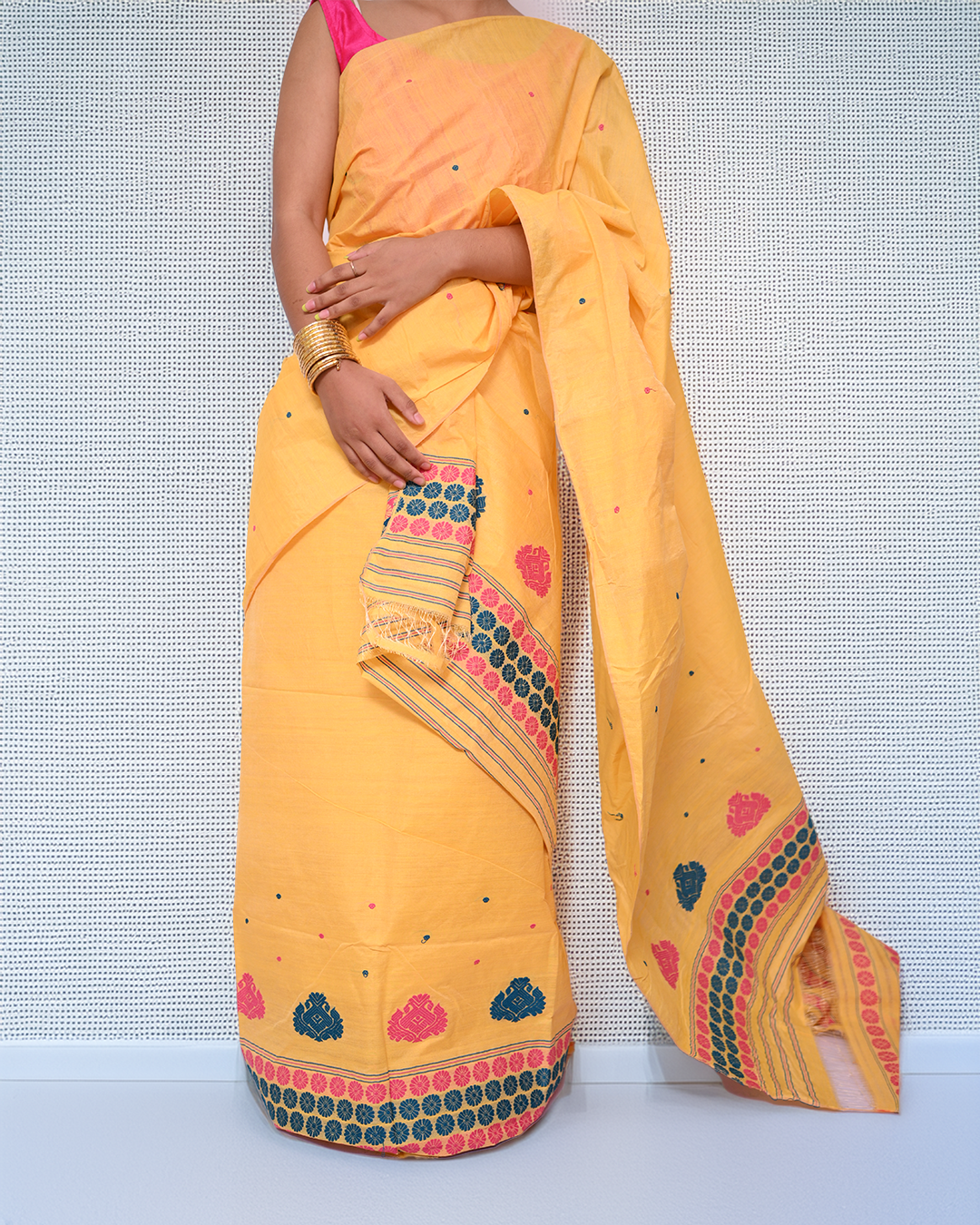 Handcrafted Bright Yellow Toss-Cotton Mekhela Sador with Unstitched Blouse Piece