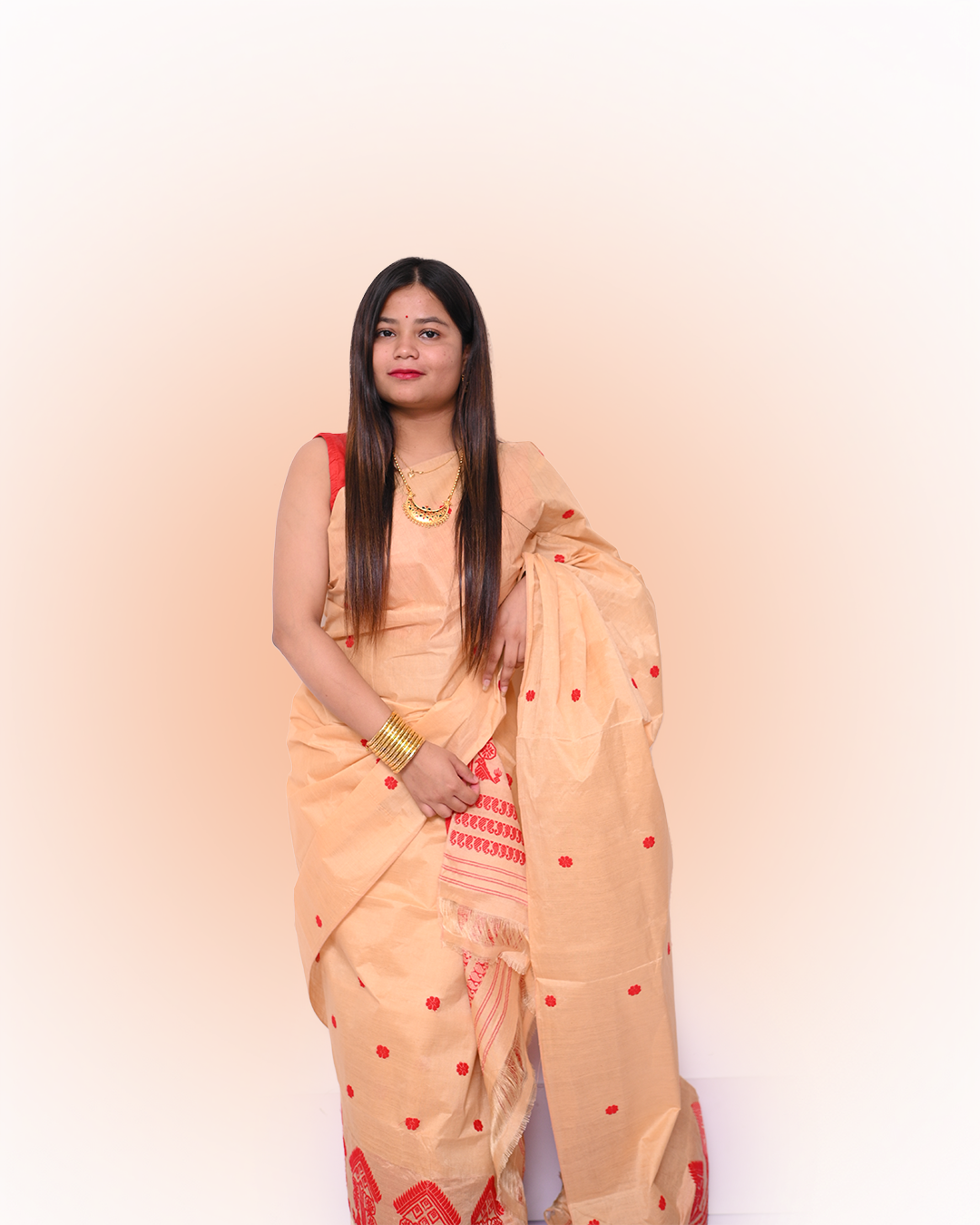 Handcrafted Golden Muga-Colored Blended Toss-Cotton Mekhela Sador with Unstitched Blouse Piece