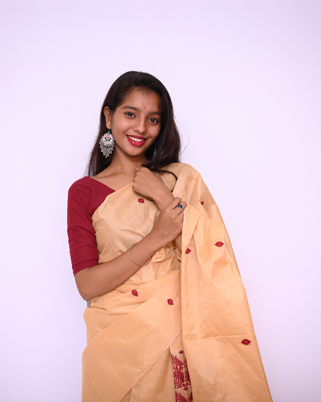Handcrafted Golden Muga-Colored Blended Toss-Cotton  bird motif  Mekhela Sador with Unstitched Blouse Piece