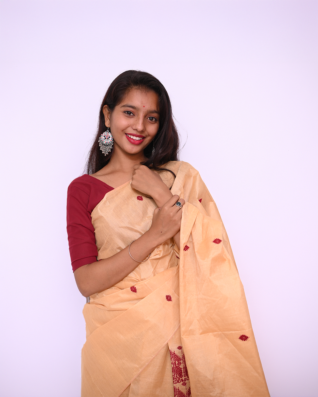 Handcrafted Golden Muga-Colored Blended Toss-Cotton  bird motif  Mekhela Sador with Unstitched Blouse Piece