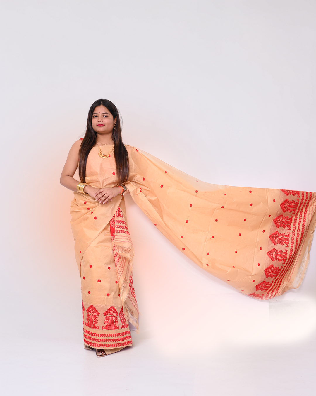 Handcrafted Golden Muga-Colored Blended Toss-Cotton Mekhela Sador with Unstitched Blouse Piece