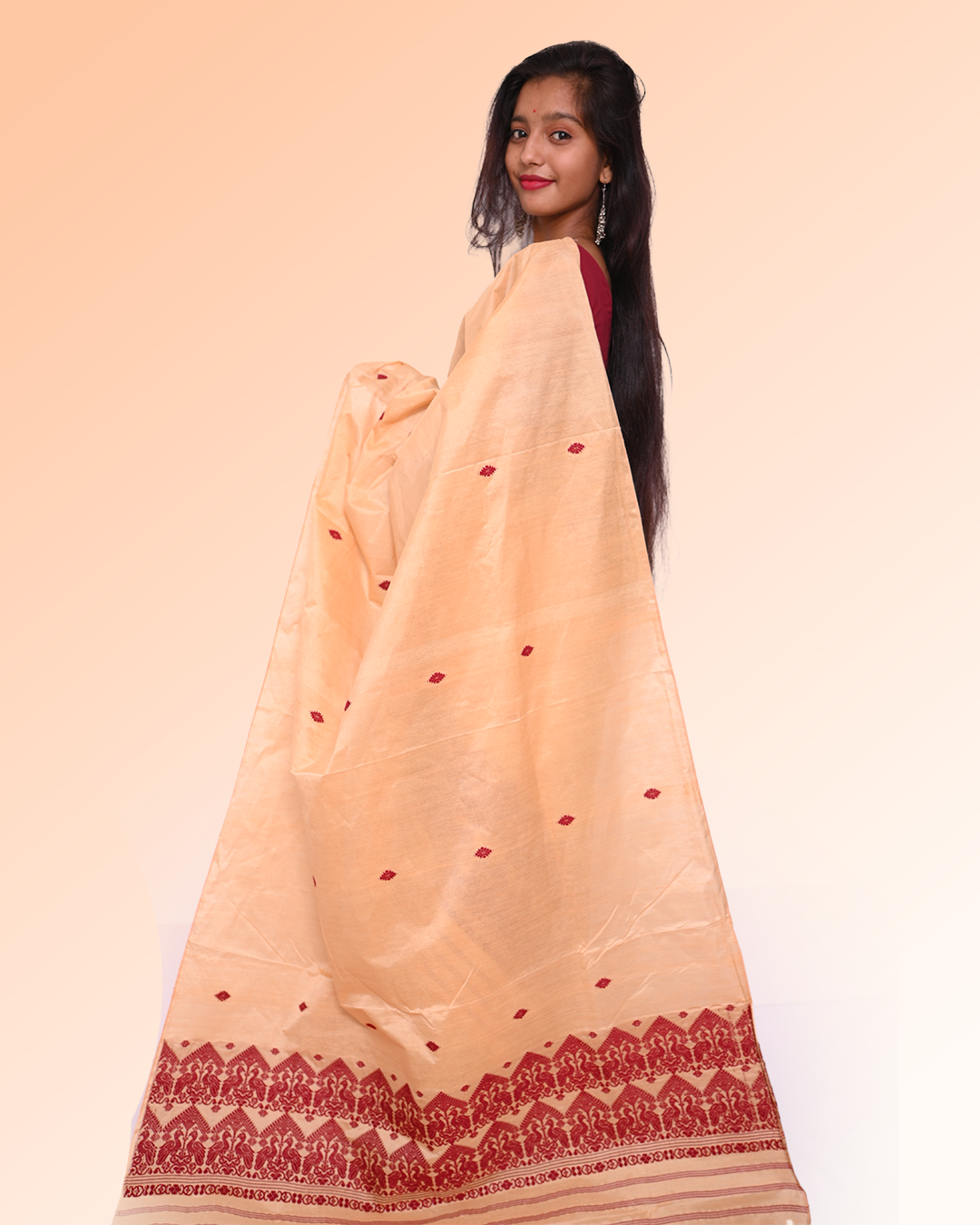 Handcrafted Golden Muga-Colored Blended Toss-Cotton  bird motif  Mekhela Sador with Unstitched Blouse Piece