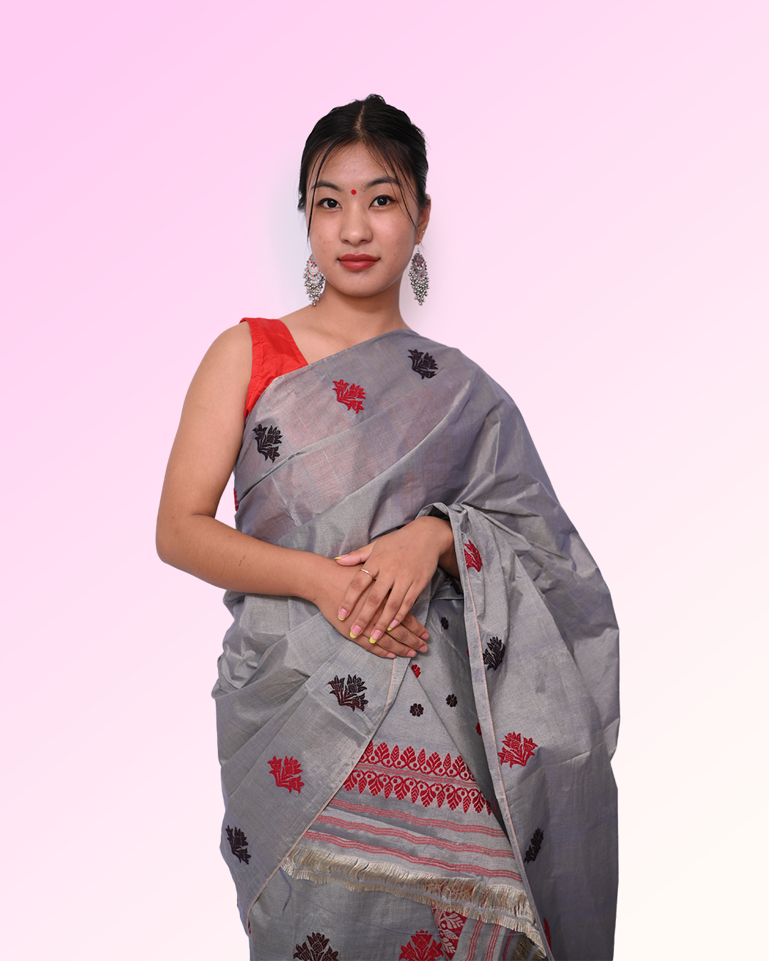 Handcrafted Light Gray Toss-Cotton Mekhela Sador with Unstitched Blouse Piece