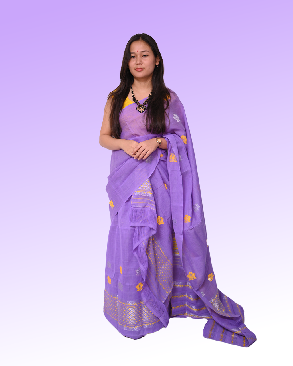 Handcrafted Lavender Purple Nooni Cotton Mekhela Sador with Unstitched Blouse Piece