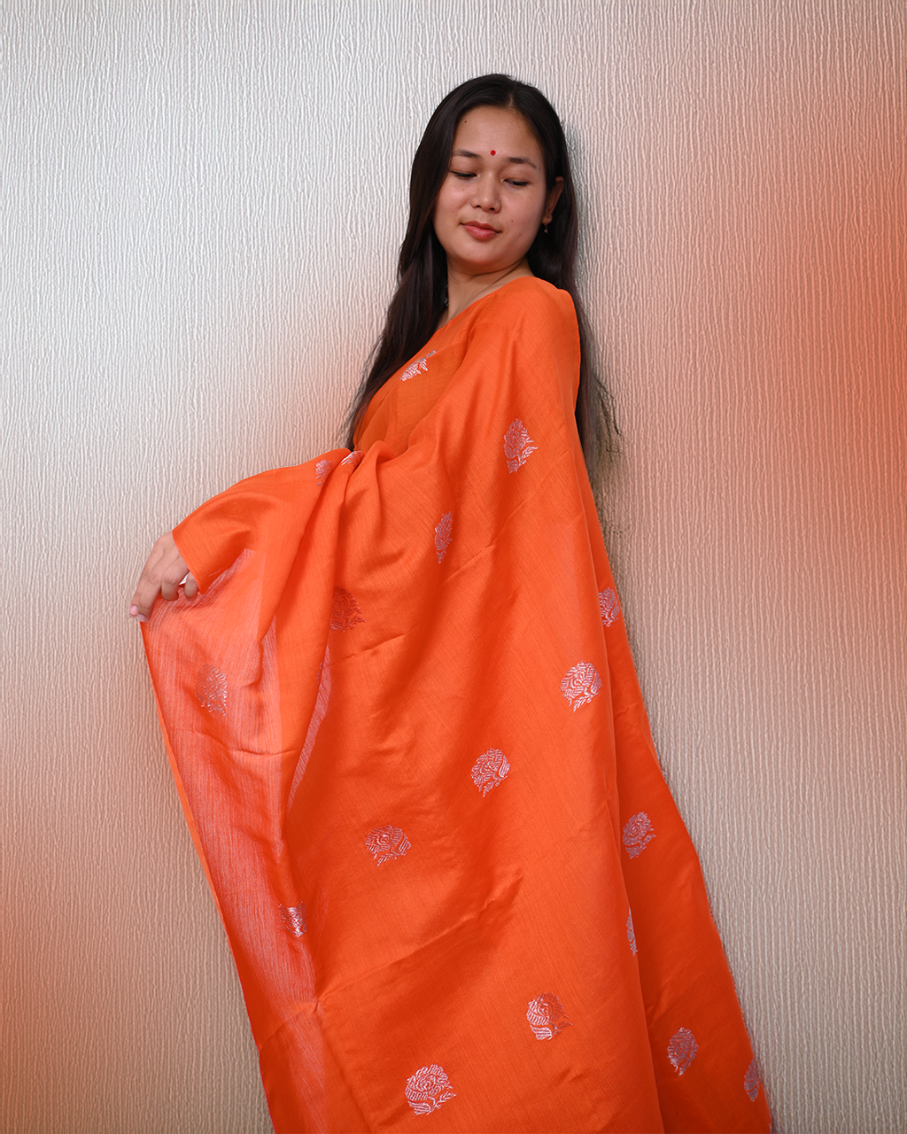 Handcrafted Orange Colored Kesapat Cotton Mekhela Sador with Unstitched Blouse Piece